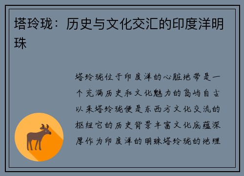 塔玲珑：历史与文化交汇的印度洋明珠